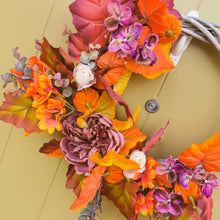 Load image into Gallery viewer, Artificial Autumm flower pumpkin wreath made by Partridge Blooms in Glasgow, Scotland

