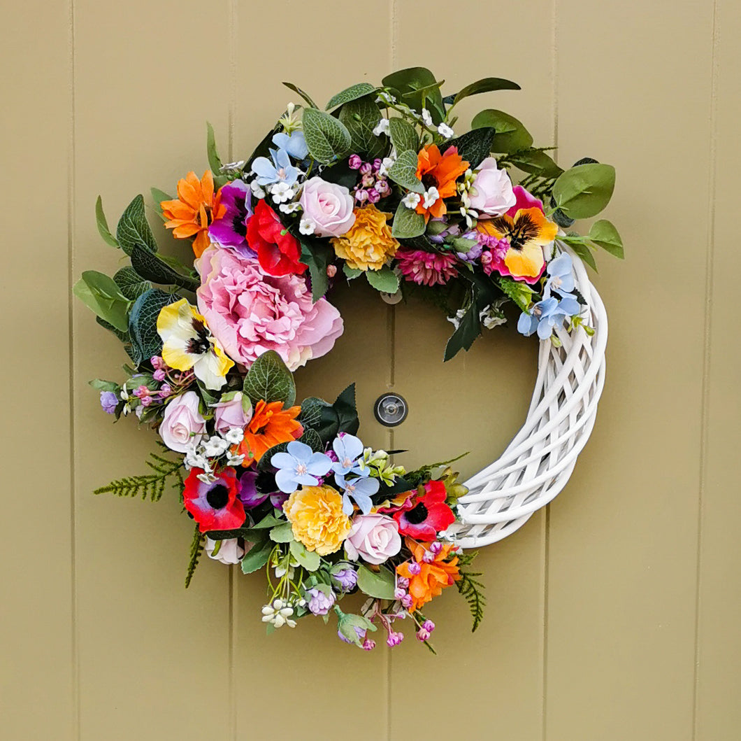 summer artificial flower wreath made by Partridge Blooms florist in Glasgow, Scotland