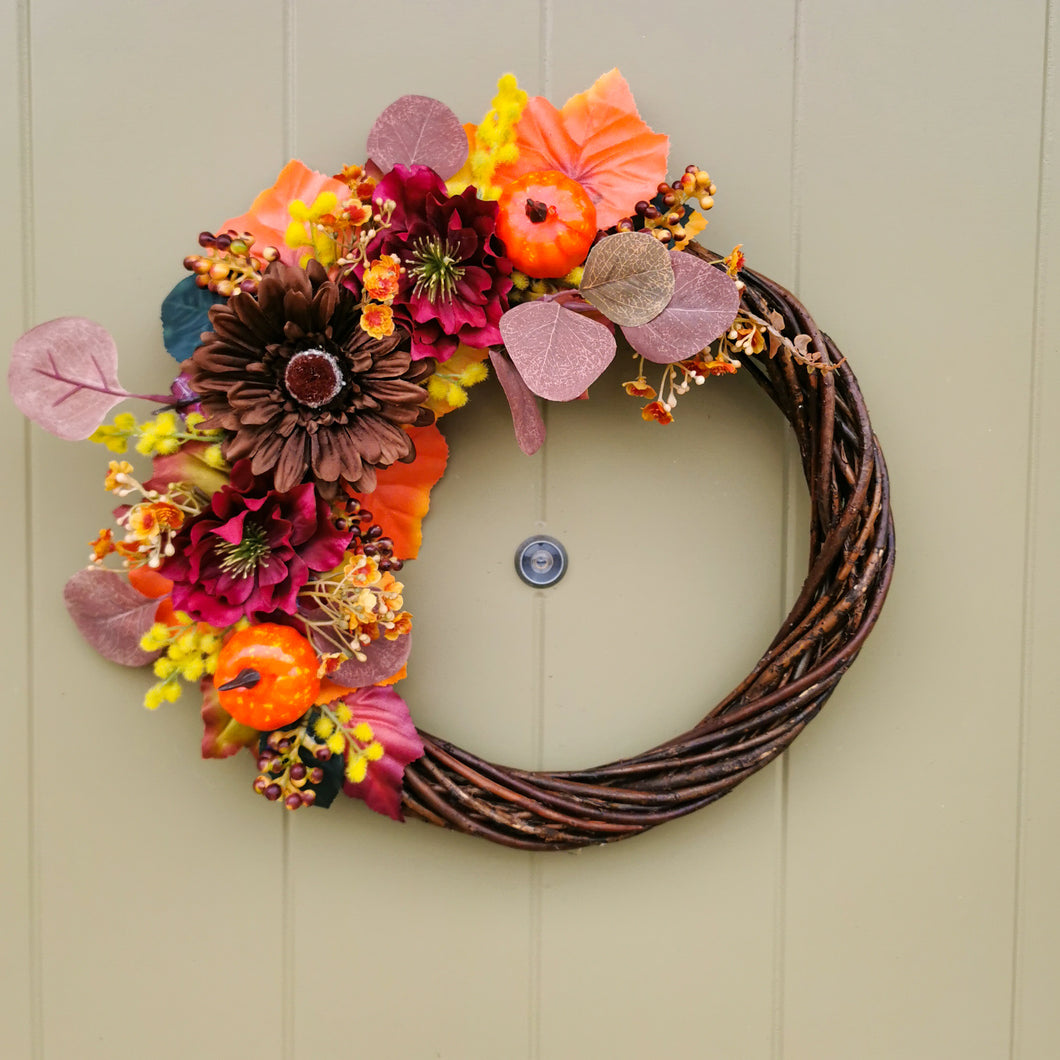 Autumn artificial flower wreath made in Glasgow, Scotland by Partridge Blooms artificial florist