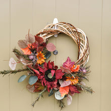 Load image into Gallery viewer, Autumn artificial flower wreath made in Glasgow, Scotland by Partridge Blooms artificial florist
