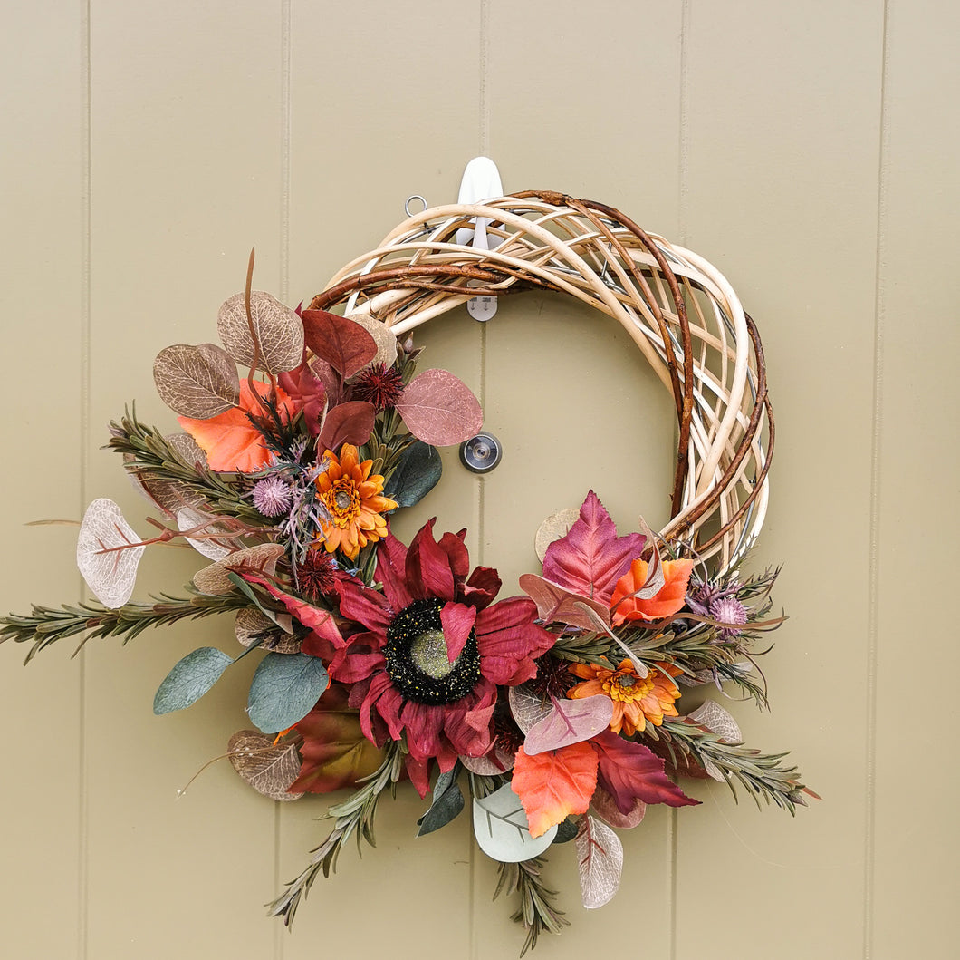 Autumn artificial flower wreath made in Glasgow, Scotland by Partridge Blooms artificial florist