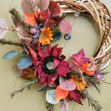Load image into Gallery viewer, Autumn artificial flower wreath made in Glasgow, Scotland by Partridge Blooms artificial florist
