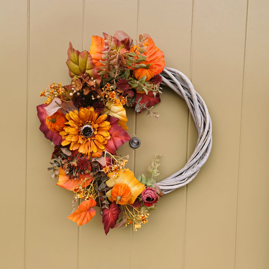 Artificial flower autumn wreath by Partridge Blooms, made in Glasgow, Scotland