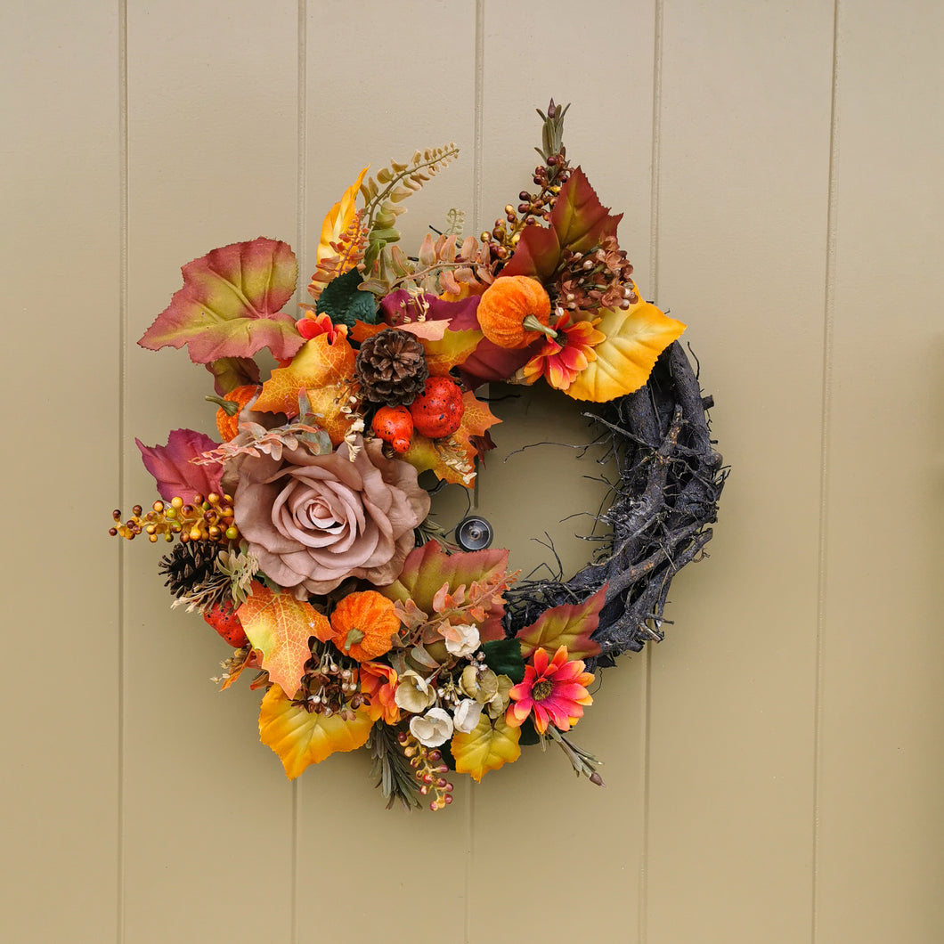 Artificial flower autumn wreath by Partridge Blooms, made in Glasgow, Scotland