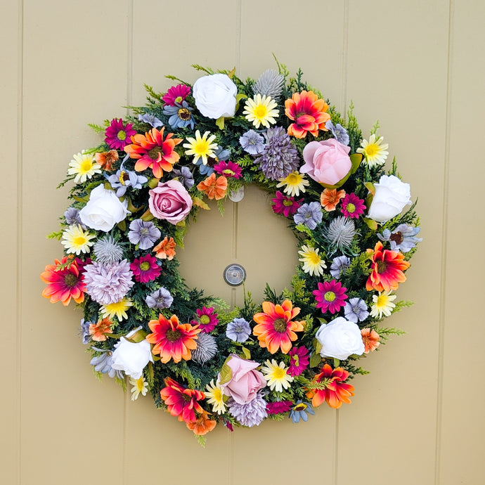 Artificial summer wreaths made in Glasgow, Scotland.