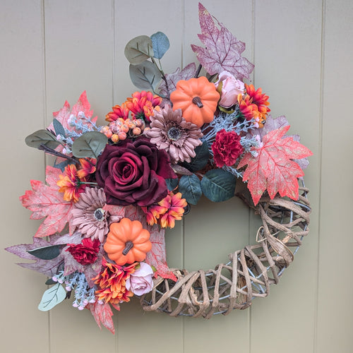 Artificially Autumn flower door wreath made by Partridge Blooms in Glasgow, Scotland 