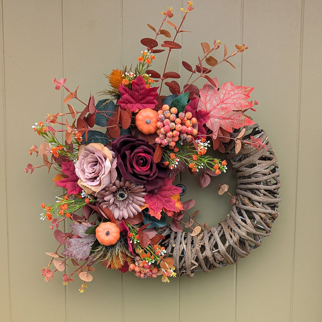 Artificially Autumn flower door wreath made by Partridge Blooms in Glasgow, Scotland 