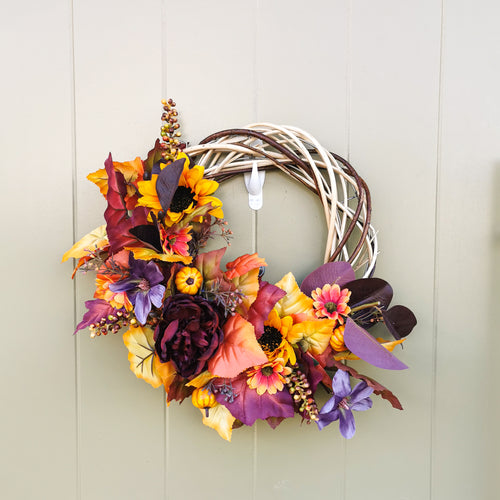 Autumn artificial flower door wreath designed by Partridge Blooms in Glasgow, Scotland