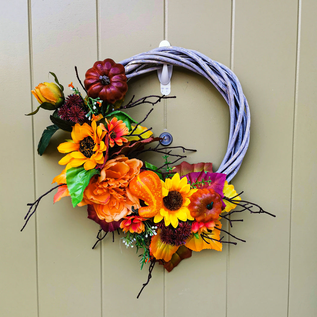 Artificial flower autumn door wreath by Partridge Blooms made in Glasgow Scotland